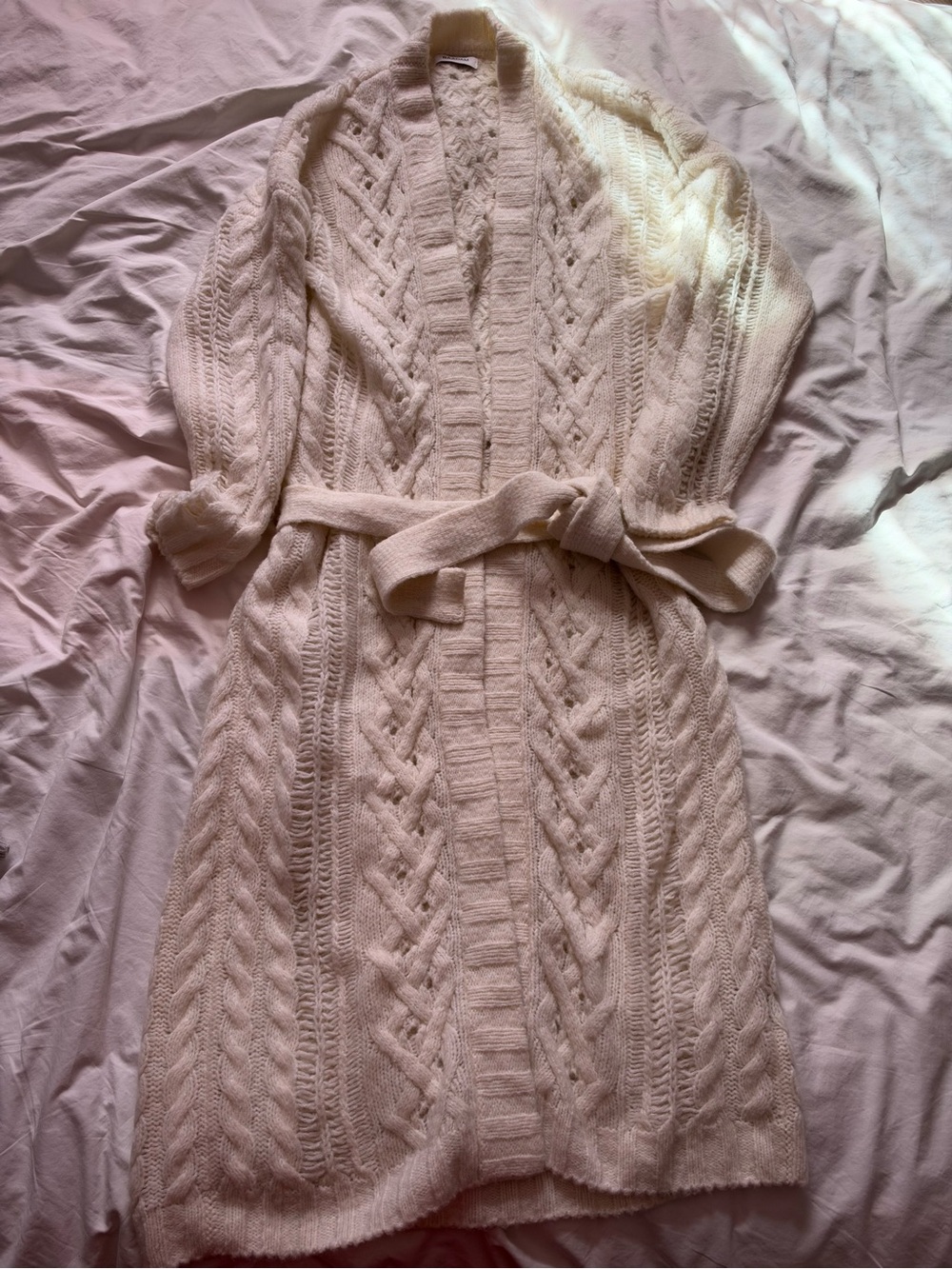 NAADAM Ivory Cashmere Merino Wool Cable Knit Long Belted Cardigan Size L - Picture 3 of 13